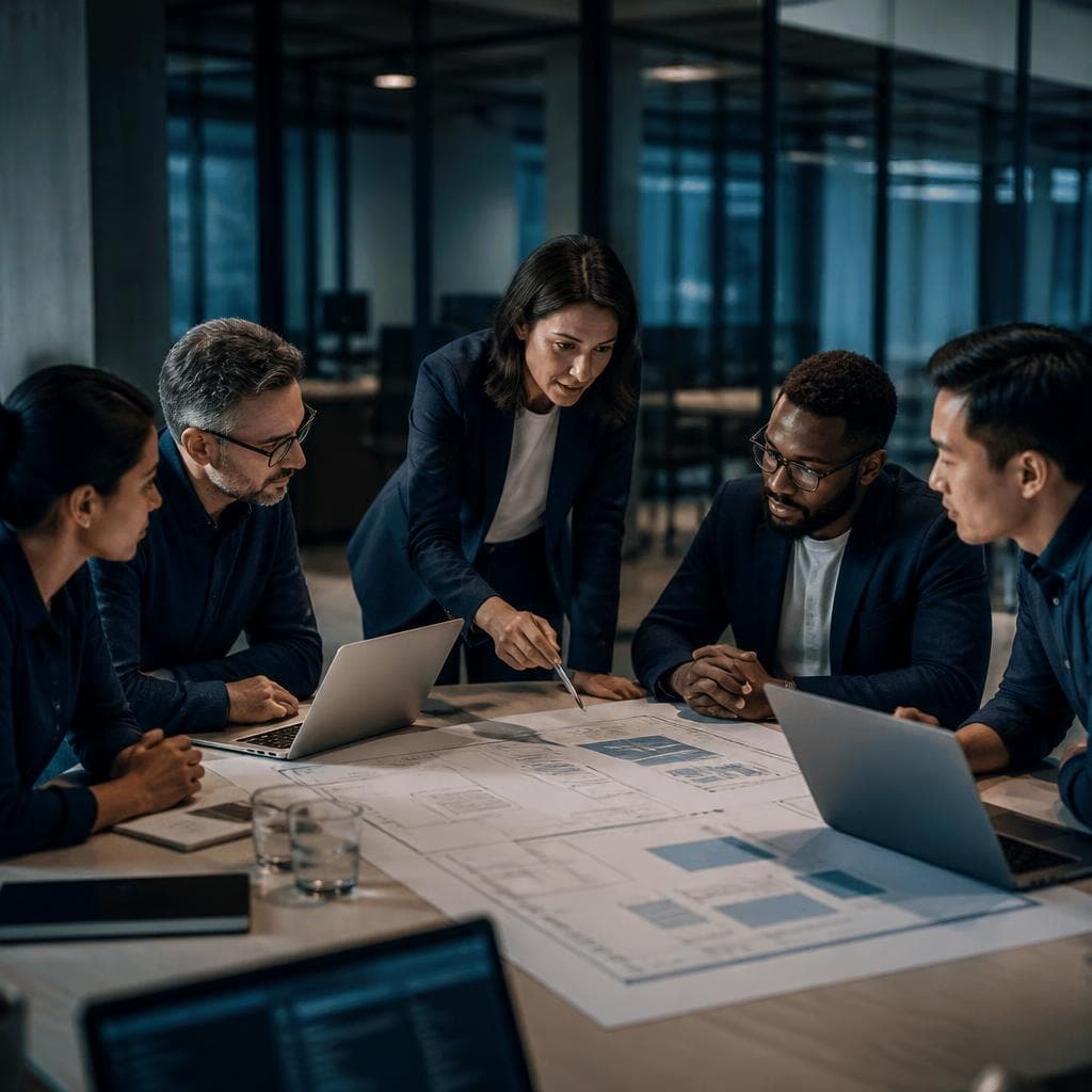 A cross-functional team collaborating around a shared table